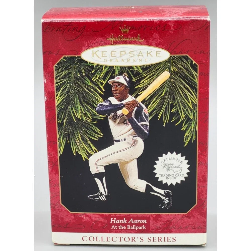 1997 Hallmark Hank Aaron At The Ballpark Christmas Tree Ornament & Trading Card